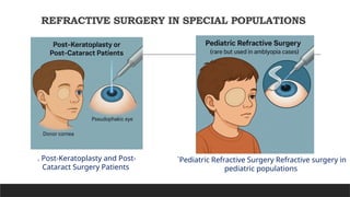 REFRACTIVE SURGERY IN SPECIAL POPULATIONS
`Pediatric Refractive Surgery Refractive surgery in
pediatric populations
. Post-Keratoplasty and Post-
Cataract Surgery Patients
 