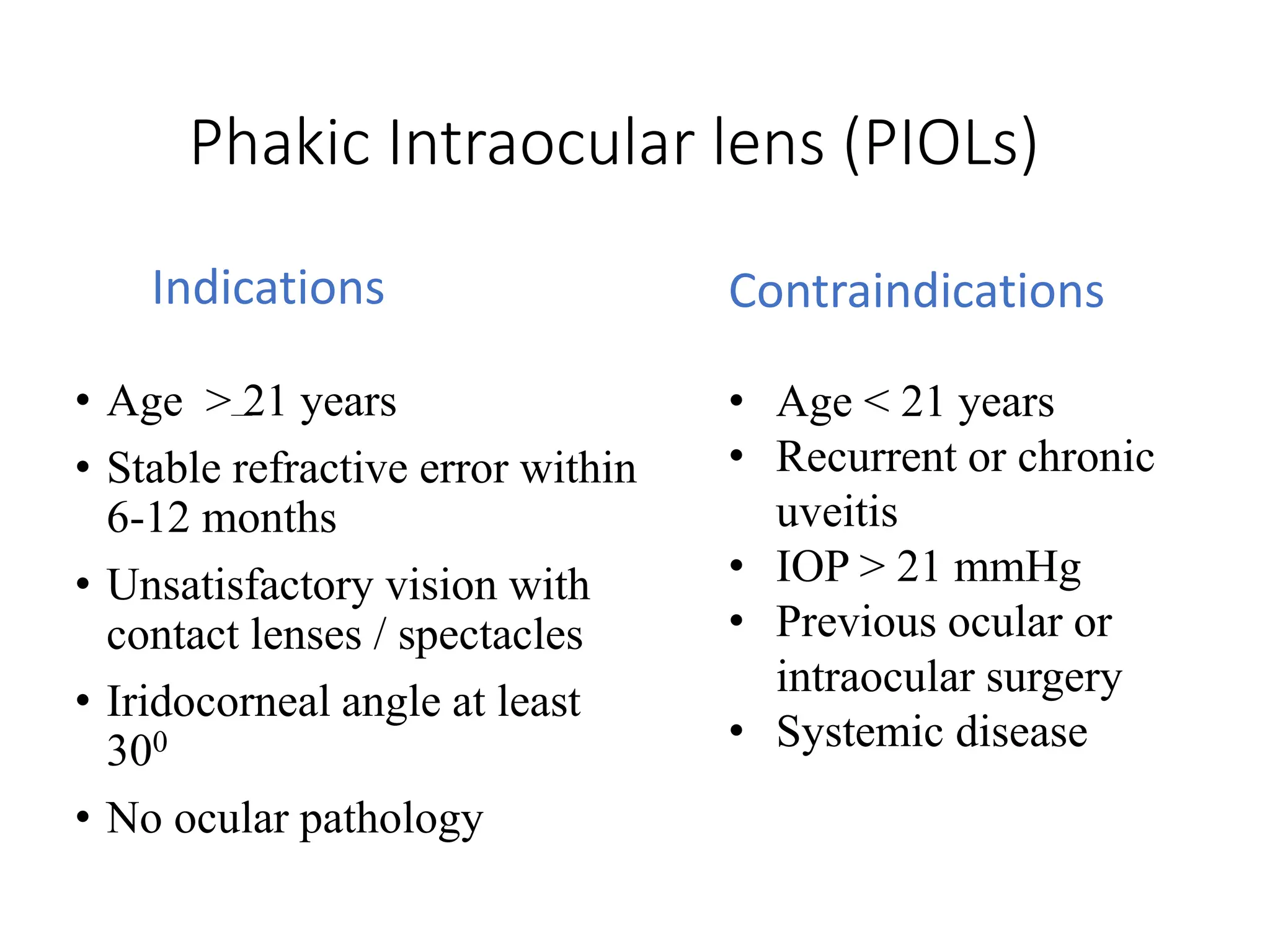 Phakic Intraocular lens (PIOLs)
Indications
• Age > 21 years
• Stable refractive error within
6-12 months
• Unsatisfactory vision with
contact lenses / spectacles
• Iridocorneal angle at least
300
• No ocular pathology
Contraindications
• Age < 21 years
• Recurrent or chronic
uveitis
• IOP > 21 mmHg
• Previous ocular or
intraocular surgery
• Systemic disease
 