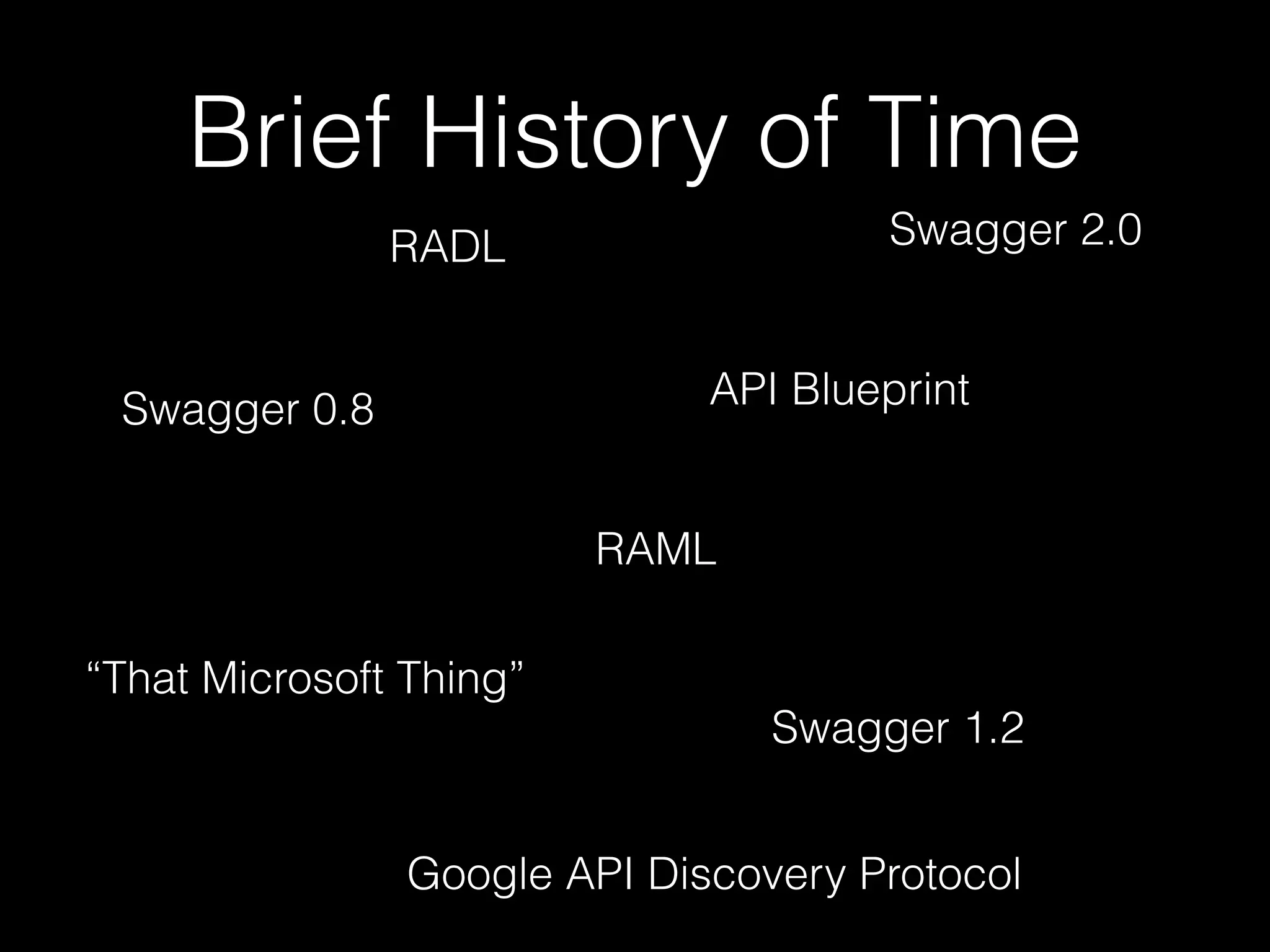 Swagger 0.8 API Blueprint
RAML
Swagger 1.2
Swagger 2.0RADL
“That Microsoft Thing”
Google API Discovery Protocol
Brief History of Time
 