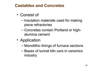 35
• Consist of
– Insulation materials used for making
piece refractories
– Concretes contain Portland or high-
alumina cement
• Application
– Monolithic linings of furnace sections
– Bases of tunnel kiln cars in ceramics
industry
Castables and Concretes
 