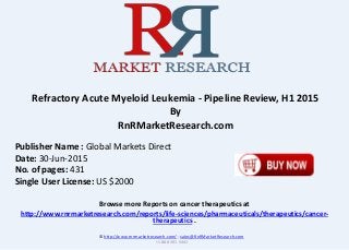 Browse more Reports on cancer therapeutics at
http://www.rnrmarketresearch.com/reports/life-sciences/pharmaceuticals/therapeutics/cancer-
therapeutics .
Refractory Acute Myeloid Leukemia - Pipeline Review, H1 2015
By
RnRMarketResearch.com
© http://www.rnrmarketresearch.com/ ; sales@RnRMarketResearch.com
+1 888 391 5441
Publisher Name : Global Markets Direct
Date: 30-Jun-2015
No. of pages: 431
Single User License: US $2000
 