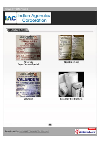 Other Products:




             Firecrete            ACCMON -45,60
        Super/normal/Special




             Calundum          Ceramic Fibre Blankets
 