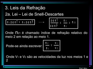 Prof. Miro
2a. Lei – Lei de Snell-Descartes
3. Leis da Refração
^n 1 .s e n î = n 2 .s e n r s e n î n 2
s e n r n 1^
= n 2 1=
Onde n21 é chamado índice de refração relativo do
meio 2 em relação ao meio 1.
n 2 v 1
n 1
=
v 2
Pode-se ainda escrever:
Onde V1 e V2 são as velocidades da luz nos meios 1 e
2
 