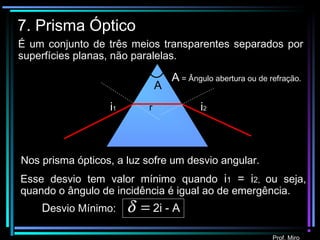 Prof. Miro
7. Prisma Óptico
É um conjunto de três meios transparentes separados por
superfícies planas, não paralelas.
i1 r i2
Nos prisma ópticos, a luz sofre um desvio angular.
A
A = Ângulo abertura ou de refração.
Esse desvio tem valor mínimo quando i1 = i2, ou seja,
quando o ângulo de incidência é igual ao de emergência.
=δ 2i - ADesvio Mínimo:
 