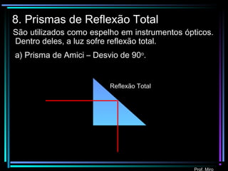 Prof. Miro
8. Prismas de Reflexão Total
São utilizados como espelho em instrumentos ópticos.
Dentro deles, a luz sofre reflexão total.
a) Prisma de Amici – Desvio de 90o
.
Reflexão Total
 