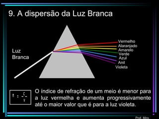 Prof. Miro
9. A dispersão da Luz Branca
Vermelho
Alaranjado
Amarelo
Violeta
Anil
Verde
Azul
O índice de refração de um meio é menor para
a luz vermelha e aumenta progressivamente
até o maior valor que é para a luz violeta.
Luz
Branca
c
= _ _n
v
 