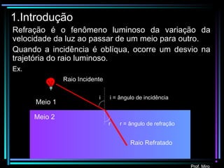 Prof. Miro
Refração é o fenômeno luminoso da variação da
velocidade da luz ao passar de um meio para outro.
Quando a incidência é oblíqua, ocorre um desvio na
trajetória do raio luminoso.
Ex.
1.Introdução
i i = ângulo de incidência
r r = ângulo de refração
Meio 1
Meio 2
Raio Incidente
Raio Refratado
Prof. Miro
 