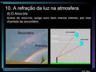 Prof. Miro
10. A refração da luz na atmosfera
d) O Arco-íris
Acima do arco-íris, surge ouro bem menos intenso, por isso
chamado de secundário.
Primário
Secundário
 