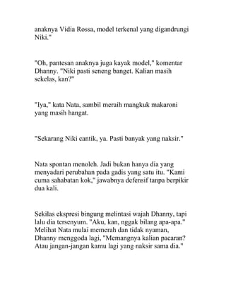 anaknya Vidia Rossa, model terkenal yang digandrungi
Niki."
"Oh, pantesan anaknya juga kayak model," komentar
Dhanny. "Niki pasti seneng banget. Kalian masih
sekelas, kan?"
"Iya," kata Nata, sambil meraih mangkuk makaroni
yang masih hangat.
"Sekarang Niki cantik, ya. Pasti banyak yang naksir."
Nata spontan menoleh. Jadi bukan hanya dia yang
menyadari perubahan pada gadis yang satu itu. "Kami
cuma sahabatan kok," jawabnya defensif tanpa berpikir
dua kali.
Sekilas ekspresi bingung melintasi wajah Dhanny, tapi
lalu dia tersenyum. "Aku, kan, nggak bilang apa-apa."
Melihat Nata mulai memerah dan tidak nyaman,
Dhanny menggoda lagi, "Memangnya kalian pacaran?
Atau jangan-jangan kamu lagi yang naksir sama dia."
 