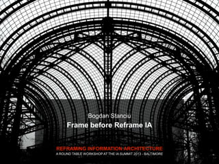 Bogdan Stanciu
     Frame before Reframe IA


REFRAMING INFORMATION ARCHITECTURE
A ROUND TABLE WORKSHOP AT THE IA SUMMIT 2013 - BALTIMORE
 