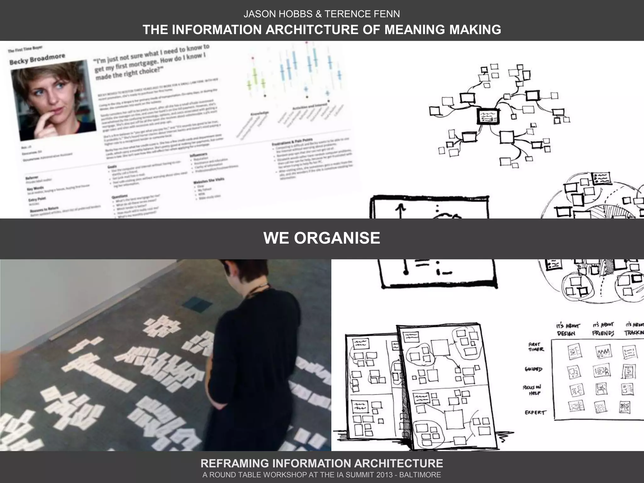 JASON HOBBS & TERENCE FENN
THE INFORMATION ARCHITCTURE OF MEANING MAKING




                     WE ORGANISE




       REFRAMING INFORMATION ARCHITECTURE
       A ROUND TABLE WORKSHOP AT THE IA SUMMIT 2013 - BALTIMORE
 