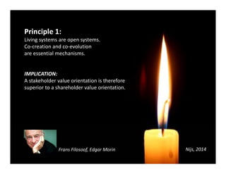 Frans Filosoof, Edgar Morin 
Nijs ‐ 2014 24 
Principle 1: 
Living systems are open systems. 
Co‐creation and co‐evolution 
are essential mechanisms. 
IMPLICATION: 
A stakeholder value orientation is therefore 
superior to a shareholder value orientation. 
Nijs, 2014 
 