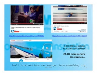 https://www.youtube.com/watch?v=_8nTfVthkdw https://www.youtube.com/watch?v=NK‐T_t166TY 
3.000.000 keer bekeken 
15.000.000 keer bekeken 
……. 
22.000 medewerkers 
die reframen…. 
Small interventions can emerge… into something big. 
Nijs ‐ 2014 29 
 