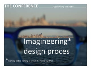 THE CONFERENCE ____________“Connecting the Dots”___________ 
Imagineering* 
design proces 
*Framing and re‐framing to invent the future together 
Nijs ‐ 2014 31 
 