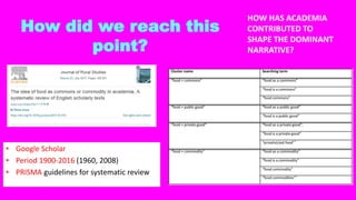 How did we reach this
point?
HOW HAS ACADEMIA
CONTRIBUTED TO
SHAPE THE DOMINANT
NARRATIVE?
• Google Scholar
• Period 1900-2016 (1960, 2008)
• PRISMA guidelines for systematic review
 