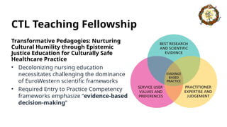 CTL Teaching Fellowship
Transformative Pedagogies: Nurturing
Cultural Humility through Epistemic
Justice Education for Culturally Safe
Healthcare Practice
• Decolonizing nursing education
necessitates challenging the dominance
of EuroWestern scientific frameworks
• Required Entry to Practice Competency
frameworks emphasize “evidence-based
decision-making”
 