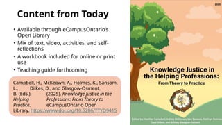 Content from Today
• Available through eCampusOntario’s
Open Library
• Mix of text, video, activities, and self-
reflections
• A workbook included for online or print
use
• Teaching guide forthcoming
Campbell, H., McKeown, A., Holmes, K., Sansom,
L., Dilkes, D., and Glasgow-Osment,
B. (Eds.). (2025). Knowledge Justice in the
Helping Professions: From Theory to
Practice. eCampusOntario Open
Library. https://www.doi.org/10.5206/TTYQ9415
 