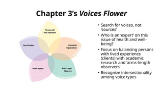 Chapter 3’s Voices Flower
• Search for voices, not
‘sources’
• Who is an ‘expert’ on this
issue of health and well-
being?
• Focus on balancing persons
with lived experience
(clients) with academic
research and ‘arms-length
observers’
• Recognize intersectionality
among voice types
 