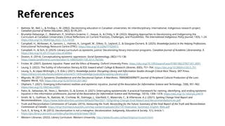 References
• Battiste, M., Bell, L., & Findlay, L. M. (2002). Decolonizing education in Canadian universities: An interdisciplinary, international, indigenous research project.
Canadian Journal of Native Education, 26(2), 82-95,201.​
• Brunette-Debassige, C., Wakeham, P., Smithers-Graeme, C., Haque, A., & Chitty, S. M. (2022). Mapping Approaches to Decolonizing and Indigenizing the
Curriculum at Canadian Universities: Critical Reflections on Current Practices, Challenges, and Possibilities. The International Indigenous Policy Journal, 13(3), 1–24.
https://doi.org/10.18584/iipj.2022.13.3.14109
• Campbell, H., McKeown, A., Sansom, L., Holmes, K., Lengyell, M., Dilkes, D., Leyland, Z., & Glasgow-Osment, B. (2025). Knowledge Justice in the Helping Professions.
Instructional Technology Resource Centre (ITRC). https://doi.org/10.5206/TTYQ9415
• Campbell, H., & Sich, D. (2023). Library curriculum as epistemic justice: Decolonizing library instruction programs. Canadian Journal of Academic Librarianship, 9.
https://doi.org/10.33137/cjal-rcbu.v9.40964
​
• Doston, K. (2014). Conceptualizing epistemic oppression. Social Epistemology, 28(2):115-138.
https://www.tandfonline.com/doi/abs/10.1080/02691728.2013.782585
• Fricker, M. (2007). Epistemic Injustice: Power and the Ethics of Knowing. Oxford University Press. https://doi.org/10.1093/acprof:oso/9780198237907.001.0001
​
• Leung, S. (2022). The futility of information literacy & EDI: toward what? College & Research Libraries, 83(5), 751–764. https://doi.org/10.5860/crl.83.5.751
• Leung, S., & López-McKnight, J. R. (Eds.). (2021). Knowledge Justice: Disrupting Library and Information Studies through Critical Race Theory. MIT Press.
https://direct.mit.edu/books/edited-volume/5114/Knowledge-JusticeDisrupting-Library-and
• Mignolo, W. (2011). Epistemic Disobedience and the Decolonial Option: A Manifesto. TRANSMODERNITY: Journal of Peripheral Cultural Production of the Luso-
Hispanic World, 1(2). https://doi.org/10.5070/T412011807
• Oliphant, T. (2021). Emerging (information) realities and epistemic injustice. Journal of the Association for Information Science and Technology, 72(8), 951–962.
https://doi.org/10.1002/asi.24461
• Patin, B., Sebastian, M., Yeon, J., Bertolini, D., & Grimm, A. (2021). Interrupting epistemicide: A practical framework for naming, identifying, and ending epistemic
injustice in the information professions. Journal of the Association for Information Science and Technology, 72(10), 1306–1318. https://doi.org/10.1002/asi.24479
• Smith, M. S., Golfman, N., Battiste, M., Crichlow, W., Dolmage, J., Glanfield, F., Malacrida, C., & Villeneuve, A.-J. (2021). Igniting Change Final Report and
Recommendations. https://www.federationhss.ca/sites/default/files/2021-10/Igniting-Change-Final-Report-and-Recommendations-en.pdf
• Truth and Reconciliation Commission of Canada. (2015). Honouring the Truth, Reconciling for the Future: Summary of the Final Report of the Truth and Reconciliation
Commission of Canada. https://ehprnh2mwo3.exactdn.com/wp-content/uploads/2021/01/Executive_Summary_English_Web.pdf
• Tuck, E., & Yang, K. W. (2012). Decolonization is not a metaphor. Decolonization: Indigeneity, Education & Society, 1(1), Article 1.
https://jps.library.utoronto.ca/index.php/des/article/view/18630
• Western Libraries. (2022). Library Curriculum. Western University. http://www.lib.uwo.ca/teaching/curriculum.html
 