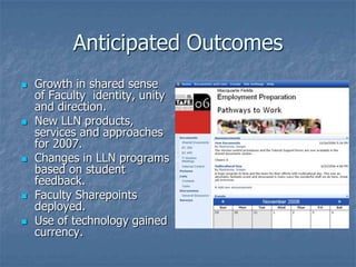 Anticipated Outcomes
   Growth in shared sense
    of Faculty identity, unity
    and direction.
   New LLN products,
    services and approaches
    for 2007.
   Changes in LLN programs
    based on student
    feedback.
   Faculty Sharepoints
    deployed.
   Use of technology gained
    currency.
 