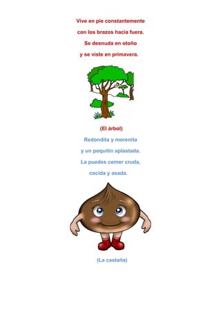 Vive en pie constantemente
con los brazos hacia fuera.
Se desnuda en otoño
y se viste en primavera.
(El árbol)
Redondita y morenita
y un poquitín aplastada.
La puedes comer cruda,
cocida y asada.
(La castaña)
 