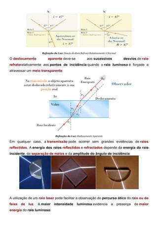Refração da Luz: Desvio do Raio Refrato Relativamente à Normal
O deslocamento aparente deve-se aos sucessivos desvios do raio
refratorelativamente aos pontos de incidência quando o raio luminoso é forçado a
atravessar um meio transparente:
Refração da Luz: Deslocamento Aparente
Em qualquer caso, a transmissão pode ocorrer sem grandes evidências de raios
reflectidos. A energia dos raios reflectidos e refractados depende da energia do raio
incidente, da separação de meios e da amplitude do ângulo de incidência:
Transmissão da Luz: Fenómenos da Reflexão e da Refração
A utilização de um raio laser pode facilitar a observação do percurso ótico do raio ou do
feixe de luz. A maior intensidade luminosa evidencia a presença de maior
energia do raio luminoso:
 