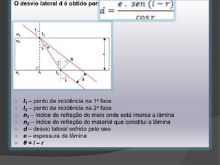O desvio lateral d é obtido por:









I1 – ponto de incidência na 1a face
I2 – ponto de incidência na 2a face
n1 – índice de refração do meio onde está imersa a lâmina
n2 – índice de refração do material que constitui a lâmina
d – desvio lateral sofrido pelo raio
e – espessura da lâmina
θ=i–r

 
