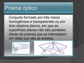 Prisma óptico
Conjunto formado por três meios
homogêneos e transparentes ou por
dois dióptros planos, em que as
superfícies planas não são paralelas
(faces do prisma) que se interceptam
em retas que são as arestas.

 