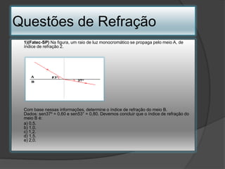Questões de Refração
1)(Fatec-SP) Na figura, um raio de luz monocromático se propaga pelo meio A, de
índice de refração 2.

Com base nessas informações, determine o índice de refração do meio B.
Dados: sen37º = 0,60 e sen53° = 0,80. Devemos concluir que o índice de refração do
meio B é:
a) 0,5.
b) 1,0.
c) 1,2.
d) 1,5.
e) 2,0.

 