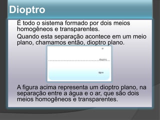 Dioptro
É todo o sistema formado por dois meios
homogêneos e transparentes.
Quando esta separação acontece em um meio
plano, chamamos então, dioptro plano.

A figura acima representa um dioptro plano, na
separação entre a água e o ar, que são dois
meios homogêneos e transparentes.

 