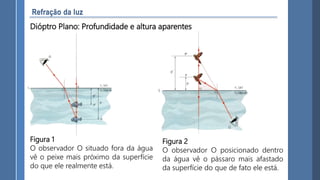 Figura 1
O observador O situado fora da água
vê o peixe mais próximo da superfície
do que ele realmente está.
Figura 2
O observador O posicionado dentro
da água vê o pássaro mais afastado
da superfície do que de fato ele está.
Dióptro Plano: Profundidade e altura aparentes
 
