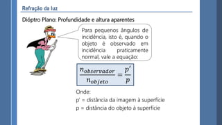 Para pequenos ângulos de
incidência, isto é, quando o
objeto é observado em
incidência praticamente
normal, vale a equação:
Dióptro Plano: Profundidade e altura aparentes
Onde:
p’ = distância da imagem à superfície
p = distância do objeto à superfície
𝑛 𝑜𝑏𝑠𝑒𝑟𝑣𝑎𝑑𝑜𝑟
𝑛 𝑜𝑏𝑗𝑒𝑡𝑜
=
𝑝′
𝑝
 