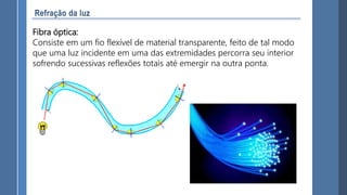 Fibra óptica:
Consiste em um fio flexível de material transparente, feito de tal modo
que uma luz incidente em uma das extremidades percorra seu interior
sofrendo sucessivas reflexões totais até emergir na outra ponta.
 