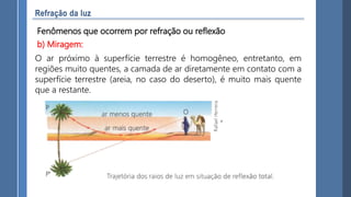 Fenômenos que ocorrem por refração ou reflexão
b) Miragem:
O ar próximo à superfície terrestre é homogêneo, entretanto, em
regiões muito quentes, a camada de ar diretamente em contato com a
superfície terrestre (areia, no caso do deserto), é muito mais quente
que a restante.
 