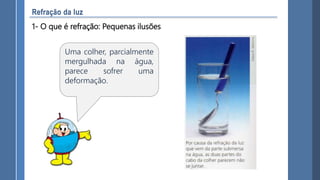 1- O que é refração: Pequenas ilusões
Uma colher, parcialmente
mergulhada na água,
parece sofrer uma
deformação.
 