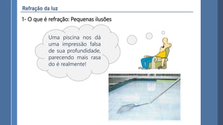1- O que é refração: Pequenas ilusões
Uma piscina nos dá
uma impressão falsa
de sua profundidade,
parecendo mais rasa
do é realmente!
 
