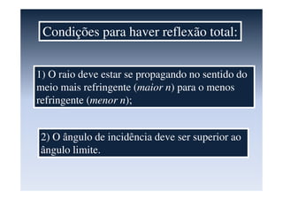 Condições para haver reflexão total:
1) O raio deve estar se propagando no sentido do
meio mais refringente (maior n) para o menos
refringente (menor n);
2) O ângulo de incidência deve ser superior ao
ângulo limite.
 