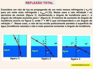REFLEXÃO TOTALConsidere um raio de luz se propagando de um meio menos refringente ( nar=1) para um meio mais refringente ( nágua=1,33). Nesse caso o raio refratado r se aproxima da normal. (figura 1). Aumentando o ângulo de incidência para i’, o ângulo de refração aumenta para r’ (figura 2). O máximo de aumento do ângulo de incidência ocorre na figura 3, onde i’’ = 90o e que corresponderá a um ângulo de refração r’’. Nesse caso, o raio de luz incide praticamente paralelo à superfície da água (incidência rasante) e não é mais possível aumentar o ângulo de incidência.www.fisicalatual.com.br