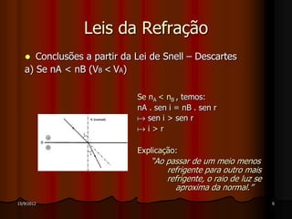 Leis da Refração
     Conclusões a partir da Lei de Snell – Descartes
   a) Se nA < nB (VB < VA)

                             Se nA < nB , temos:
                             nA . sen i = nB . sen r
                              sen i > sen r
                             i>r

                             Explicação:
                                “Ao passar de um meio menos
                                    refrigente para outro mais
                                    refrigente, o raio de luz se
                                       aproxima da normal.”
15/9/2012                                                          6
 