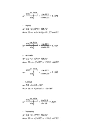 n =
sin(
𝛼+ δmin
2
)
sin
𝛼
2
=
sin 105
sin 60,75
= 1,1071
 Verde
α = θ’/2 = 243,5º/2 = 121,75°
δmin = 2θ – α = (2x105º) – 121,75º= 88,25°
n =
sin(
𝛼+ δmin
2
)
sin
𝛼
2
=
sin 105
sin 60,88
= 1,1057
 Amarelo
α = θ’/2 = 243,9º/2 = 121,95°
δmin = 2θ – α= (2x105º) – 121,95º = 88,05º
n =
sin(
𝛼+ δmin
2
)
sin
𝛼
2
=
sin 105
sin 60,98
= 1,1046
 Laranja
α = θ’/2 = 244º/2 = 122º
δmin = 2θ – α =(2x105º) – 122º= 88°
n =
sin(
𝛼+ δmin
2
)
sin
𝛼
2
=
sin 105
sin 61
= 1,1044
 Vermelho
α = θ’/2 = 244,1º/2 = 122,05°
δmin = 2θ – α =(2x105º) – 122,05º = 87,95°
 