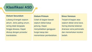 Klasifikasi ASD
Ostium Secundum
Lubang di tengah septum
atrium. Jenis paling umum,
sering tidak bergejala
hingga dewasa. Dapat
ditutup dengan prosedur
transkateter.
Ostium Primum
Celah di bagian bawah
septum dekat katup
jantung. Dapat
menyebabkan gangguan
fungsi katup dan
memerlukan pembedahan.
Sinus Venosus
Terjadi di bagian atas
septum dekat vena kava.
Sering disertai kelainan
drainase vena pulmonalis
dan memerlukan koreksi
bedah.
 