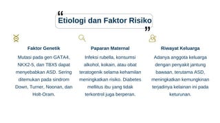 Etiologi dan Faktor Risiko
Faktor Genetik
Mutasi pada gen GATA4,
NKX2-5, dan TBX5 dapat
menyebabkan ASD. Sering
ditemukan pada sindrom
Down, Turner, Noonan, dan
Holt-Oram.
Paparan Maternal
Infeksi rubella, konsumsi
alkohol, kokain, atau obat
teratogenik selama kehamilan
meningkatkan risiko. Diabetes
mellitus ibu yang tidak
terkontrol juga berperan.
Riwayat Keluarga
Adanya anggota keluarga
dengan penyakit jantung
bawaan, terutama ASD,
meningkatkan kemungkinan
terjadinya kelainan ini pada
keturunan.
 