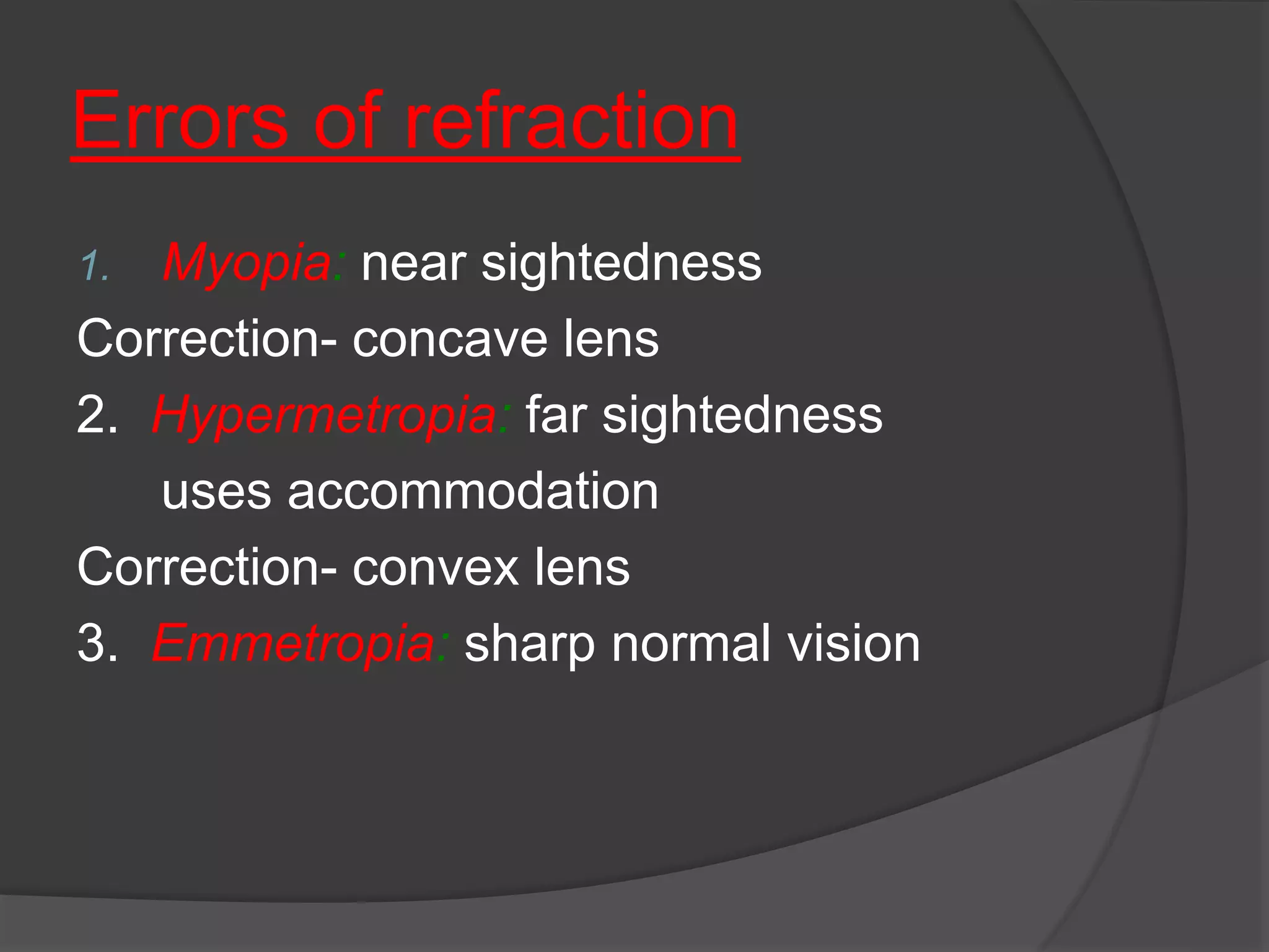 Errors of refraction
1. Myopia: near sightedness
Correction- concave lens
2. Hypermetropia: far sightedness
uses accommodation
Correction- convex lens
3. Emmetropia: sharp normal vision
 