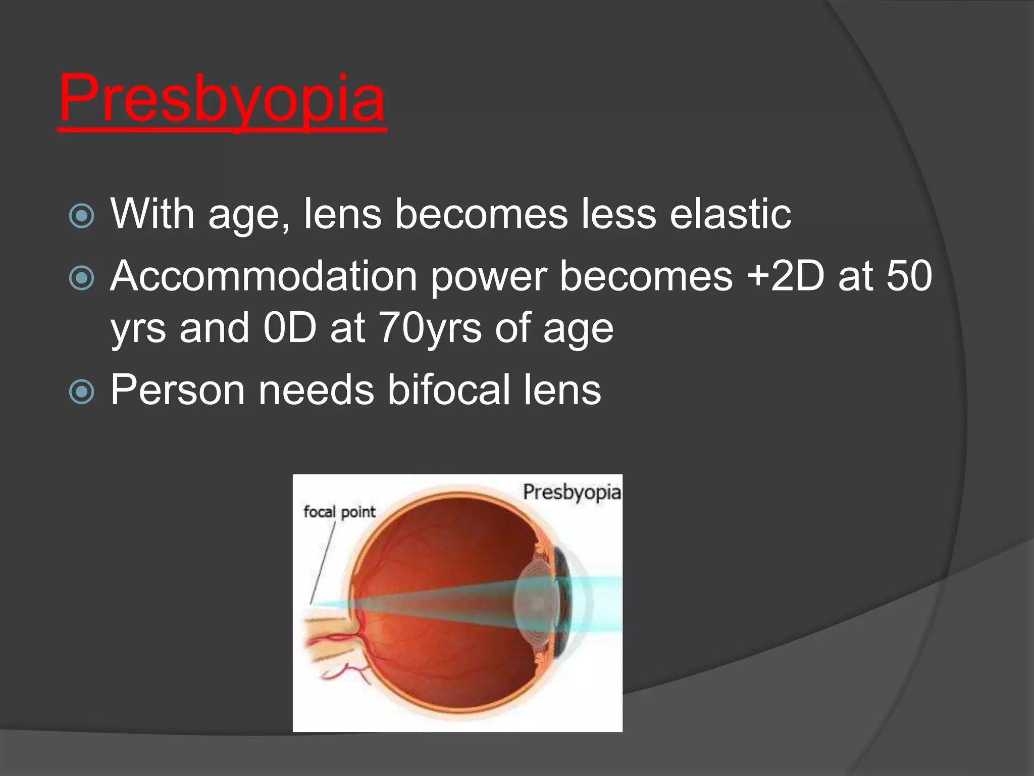 Presbyopia
 With age, lens becomes less elastic
 Accommodation power becomes +2D at 50
yrs and 0D at 70yrs of age
 Person needs bifocal lens
 
