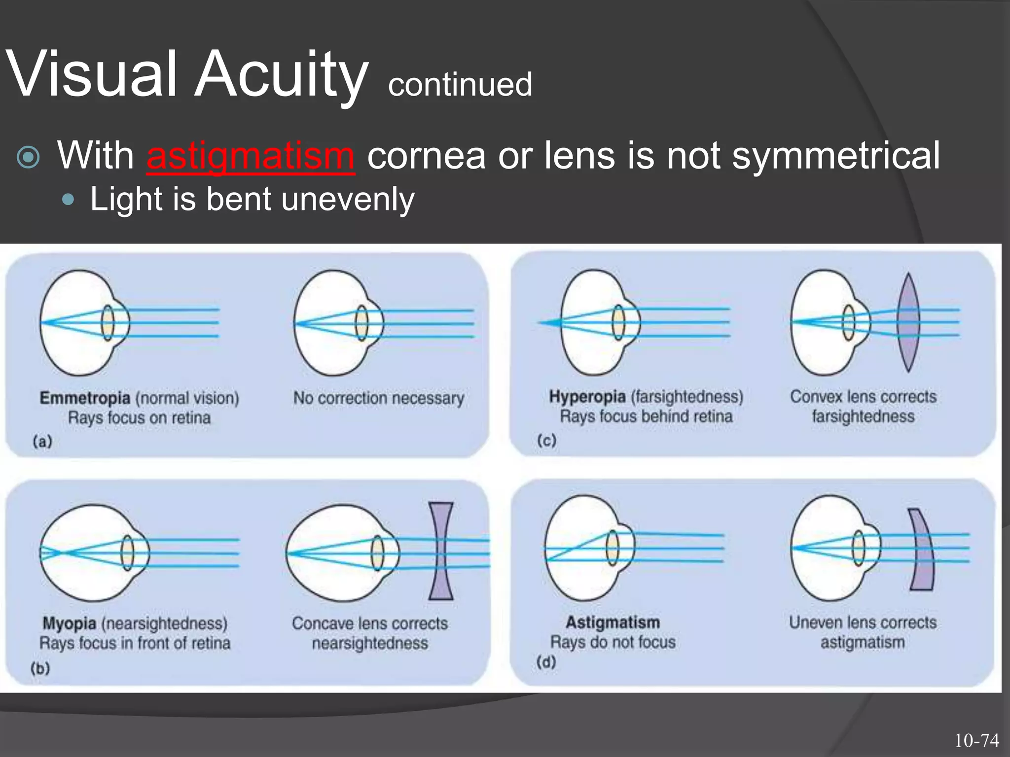 Visual Acuity continued
 With astigmatism cornea or lens is not symmetrical
 Light is bent unevenly
10-74
 