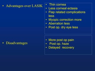 • Advantages over LASIK
• Disadvantages
• More post op pain
• Post op. haze
• Delayed recovery
• Thin cornea
• Less corneal ectasia
• Flap related complications
less
• Myopic correction more
• Aberration less
• Post op. dry eye less
 