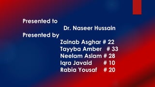 Presented to
Dr. Naseer Hussain
Presented by
Zainab Asghar # 22
Tayyba Amber # 33
Neelam Aslam # 28
Iqra Javaid # 10
Rabia Yousaf # 20
 