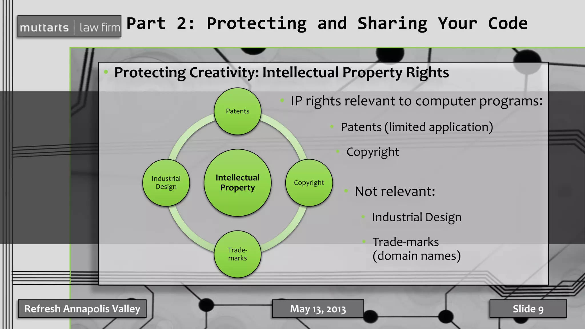 • Protecting Creativity: Intellectual Property Rights
• IP rights relevant to computer programs:
• Patents (limited application)
• Copyright
• Not relevant:
• Industrial Design
• Trade-marks
(domain names)
Part 2: Protecting and Sharing Your Code
Refresh Annapolis Valley May 13, 2013 Slide 9
Intellectual
Property
Patents
Copyright
Trade-
marks
Industrial
Design
 