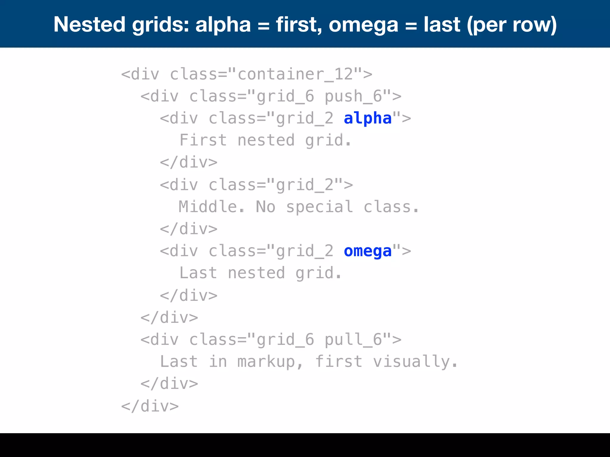 Nested grids: alpha = ﬁrst, omega = last (per row)
<div class="container_12">
<div class="grid_6 push_6">
<div class="grid_2 alpha">
First nested grid.
</div>
<div class="grid_2">
Middle. No special class.
</div>
<div class="grid_2 omega">
Last nested grid.
</div>
</div>
<div class="grid_6 pull_6">
Last in markup, first visually.
</div>
</div>
 
