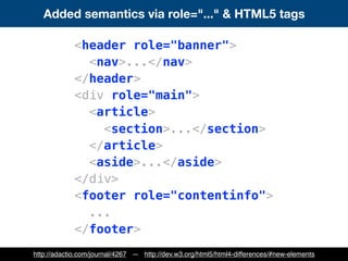 Added semantics via role="..." & HTML5 tags
<header role="banner">
<nav>...</nav>
</header>
<div role="main">
<article>
<section>...</section>
</article>
<aside>...</aside>
</div>
<footer role="contentinfo">
...
</footer>
http://adactio.com/journal/4267 — http://dev.w3.org/html5/html4-differences/#new-elements
 
